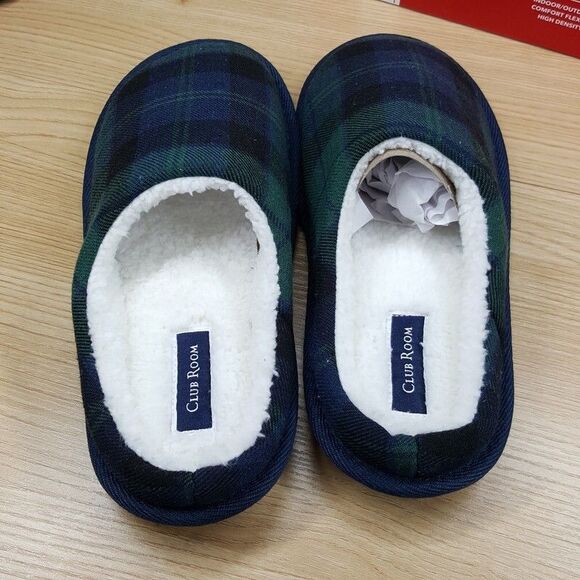 CLUB ROOM Mens Slide Slippers Size 6 - 7 Blue Plaid Sherpa Lined Plush Comfort - Picture 2 of 6